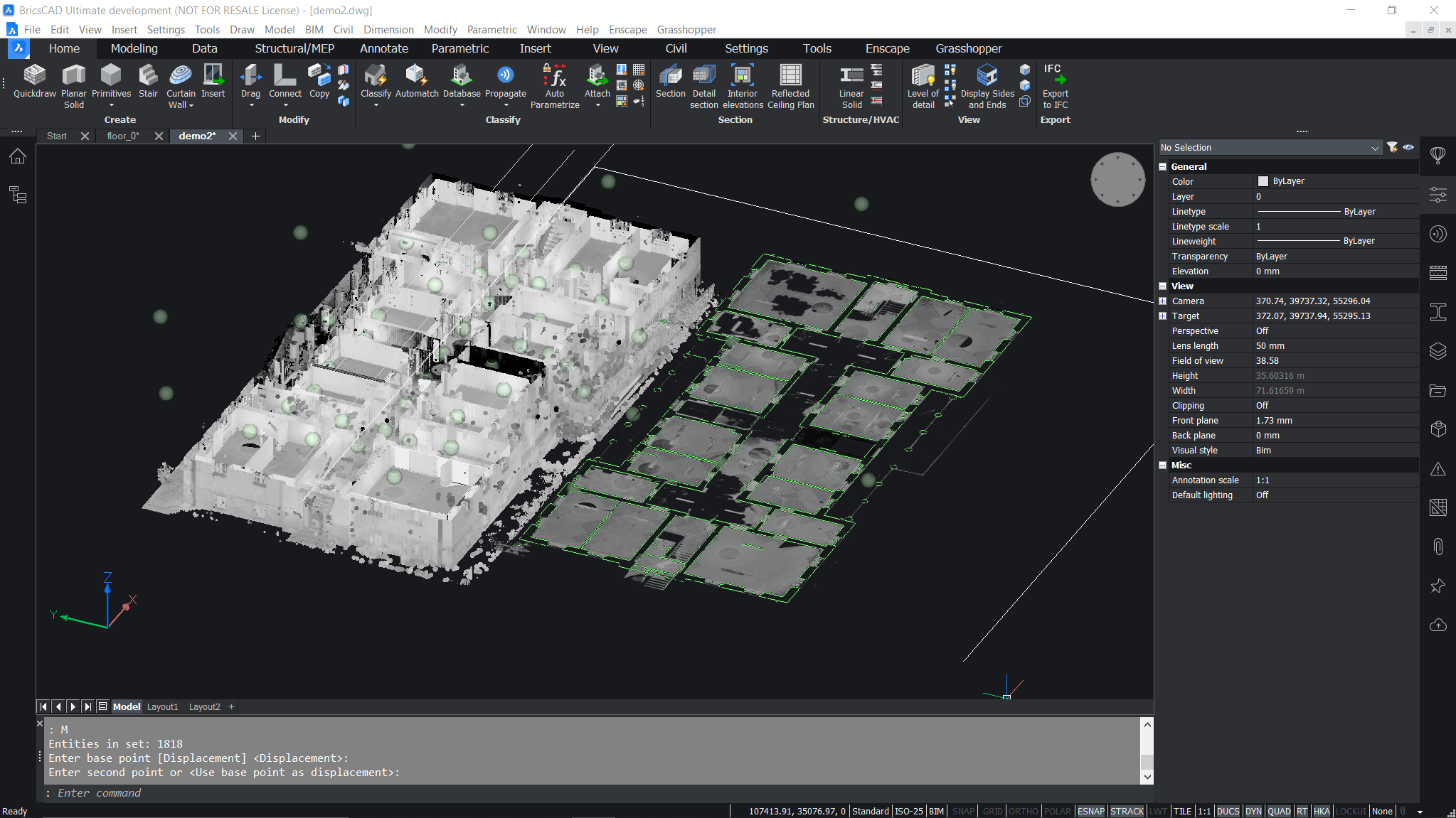 Beispiel einer DWG-Datei mit 2D- und 3D-Geometrie, Punktwolkendaten und Beschriftungen, geöffnet in BricsCAD®.