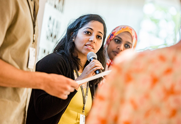 A young scientist speaks during the 68th Lindau Meeting