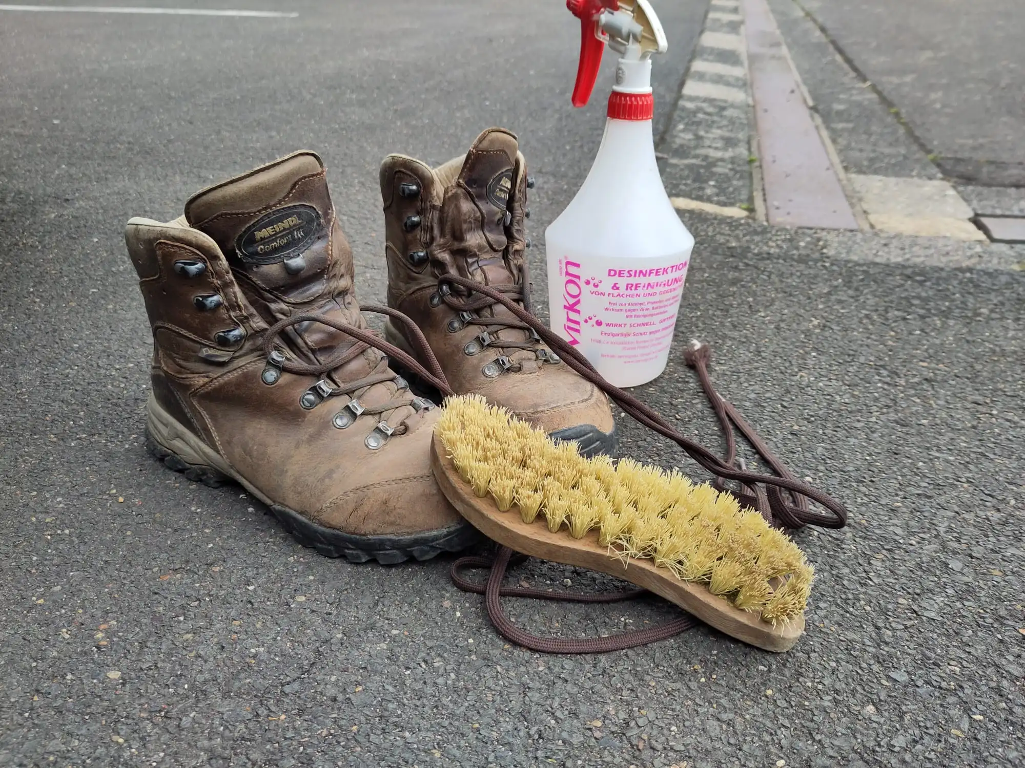 Das Bild zeigt ein paar Wanderschuhe, eine Flasche mit Desinfektionsmittel und eine Schuhbürste.