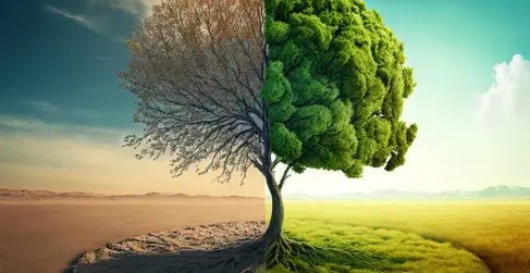 An image showing the difference between trees affected and unaffected by climate change.