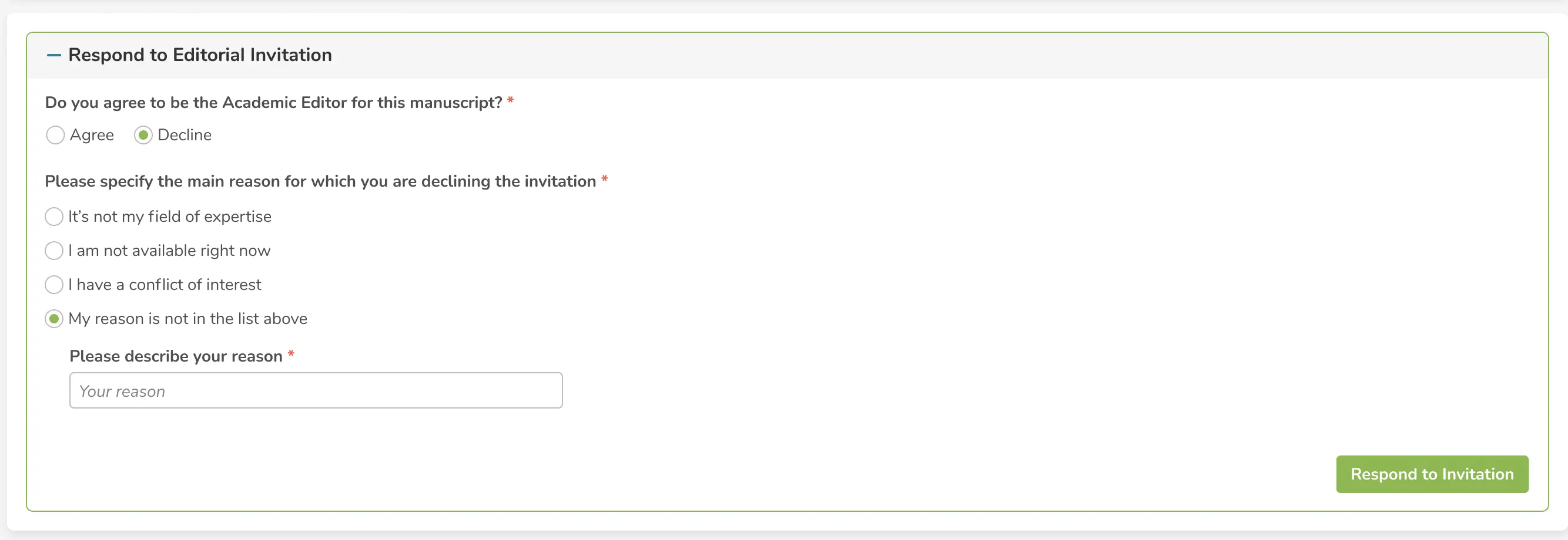 Screenshot of the options displayed when you decline a manuscript on the manuscript submission system.