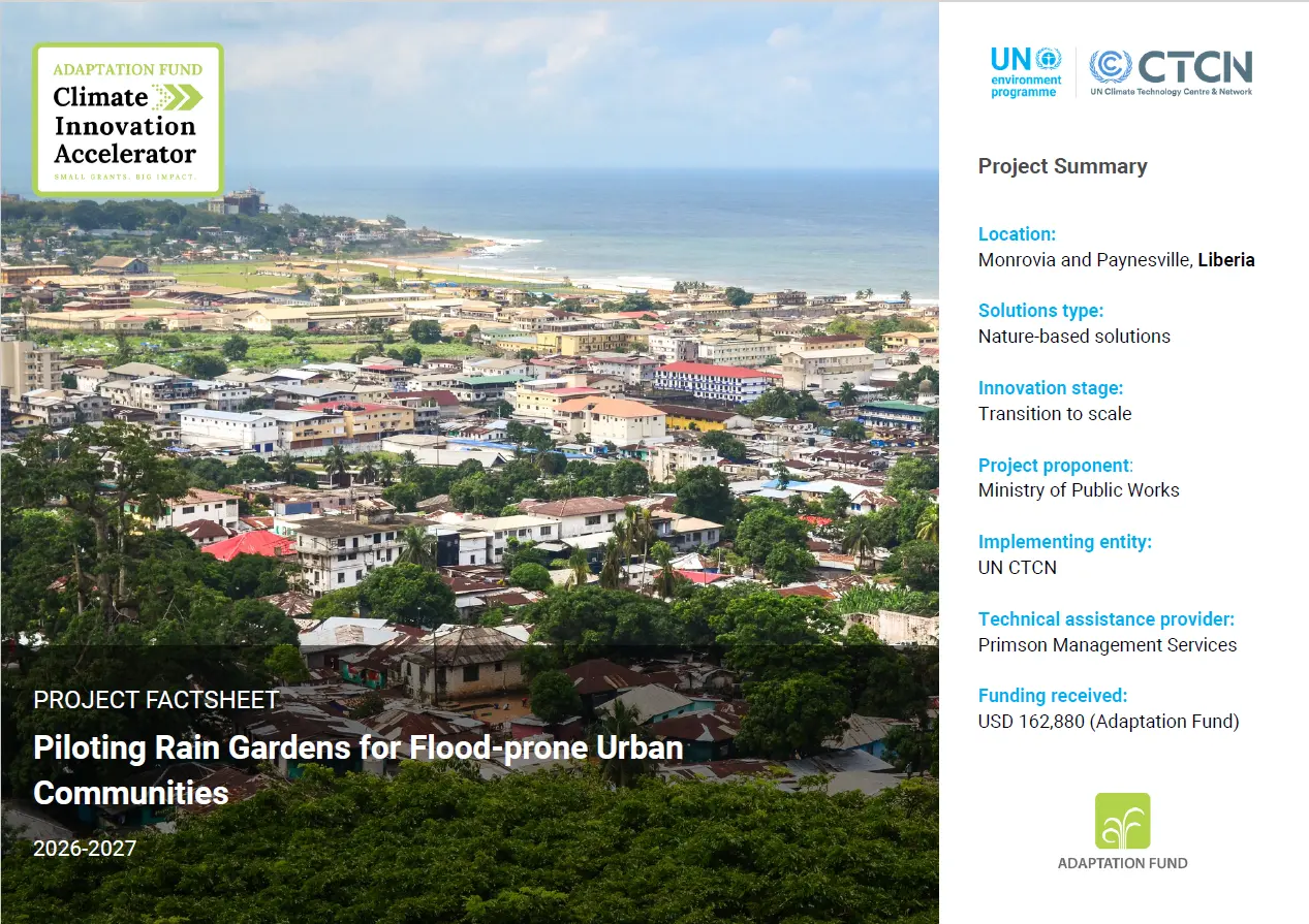 Liberia factsheet cover: Piloting Rain Gardens for Flood-prone Urban Communities