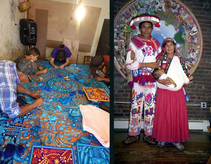 Two photos of the Huichol yarn painters