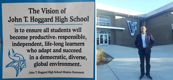 Mohan at the entrance of John T Hoggard High School